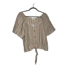 Ava James Women Top Size XL Linen Blend Vertical Striped Button Tie Short Sleeve picture