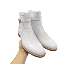 Men's Handmade Leather White Croc Pattern Buckle Ankle Formal Boots For Men picture