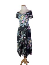 Vintage 1980s Byer Too Size 5 Black Floral Tea Dress Off-the-Shoulder V-Waist picture