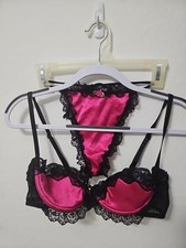 NWOT VTG Frederick's Of Hollywood Pink Satin Black Lace Bra Thong Panty Set 38 picture