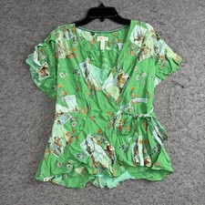 Meadow Rue By Anthropologie Blouse Green Floral Womens 6 Wrap Tie Flutter Sleeve picture