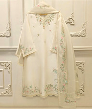Active Wear Women’s Silk Kurta White Floral Embroidered V-Neck Long Sleeve M/L picture