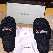 Balenciaga Men’s Black Faux Fur Logo Lined Slide Slippers Open Toe US 10.5 picture
