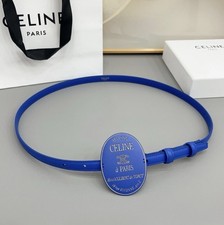 Women's Celin*e 1.3cm/0.51in Blue Leather Belt Blue retro oval badge buckle picture