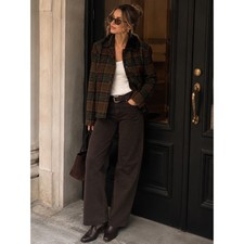Vintage Harolds 100% Wool Plaid Jacket Faux Fur Collar Brown Green USA Made Sz 6 picture