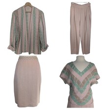 Zonda Nellis Vintage 4 Piece Set Jacket Skirt Pants Top Woven Rayon Cotton M/L picture