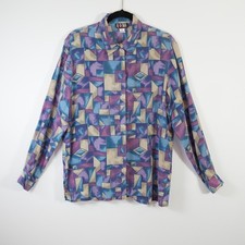 Vintage 80s Quo Silk 100% Silk Geometric Button Up Blouse Abstract Art M picture
