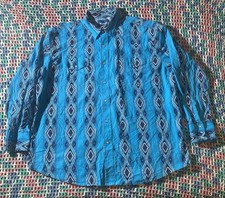 Vintage Wrangler Western Checotah Pearl Snap Aztec Button Up Shirt Size 2XL Teal picture