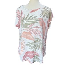 Tahari 100% Linen Top Womens L Tropical Palm Leaf Print Cap Sleeve Blouse picture