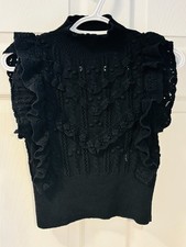 ZARA Black Lace Ruffle Knit Top Size S Sleeveless Victorian Romantic Blouse picture