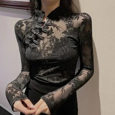 Y2K Lace Mesh Shirt Long Sleeve Turtleneck Slim Chinese Style Black Tops picture