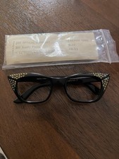 Vintage 1950s French Rhinestone Cat Eye Eyeglasses NOS J-Denise Black 48-22 picture