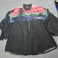 Roper Western Shirt Mens 4XT Black Landscape Sunset Eagle Border USA vintage picture