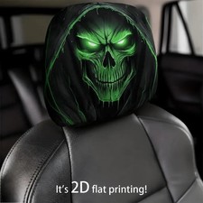 2x Green Glow Grim Reaper Skull Car Headrest Cover Hooded 2D Print Universal Fit picture