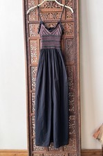 Loretta Caponi Black Smocked Cotton Maxi Dress Pink Green Hand Smocking XS Italy picture