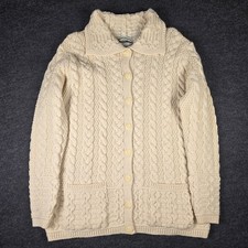 Aran Crafts Women's Cream Cable Knit Irish Wool Cardigan Sweater Size L picture