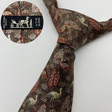 New Unused HERMES Neck Tie Brown Animal Print (Birds) 100%Silk Made in France picture