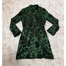 Zara Green Black Leaf Print Satin Mock Neck Long Sleeve Dress Size S NWT picture