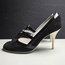 CHANEL Black Suede Patent Crisscross Mary Jane Pumps Ivory Heel CC Italy 38.5 picture