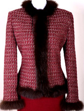 ST.JOHN Women's Knit Red Burgundy Metallic Silver Shimmer Fur Trim Jacket Sz 12 picture