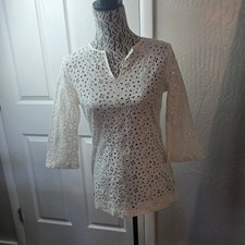 Floral Bell Sleeve Blouse Womens S Ivory Eyelet Lace Tunic 3/4 Top Boho Vintage picture