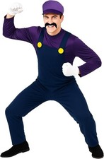 Adult Super Mario Brothers Waluigi Costume Men`s Purple Plumber + Hat Mustache picture