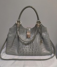 Authentic Brahmin Croc Embossed Leather Satchel Shoulder Bag Gray / Sage Green picture