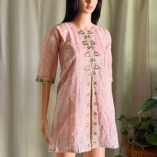 Vtg 90s Rising Robe Pink Gold Embroidered Kurta Tunic Top Bollywood Desi Boho picture