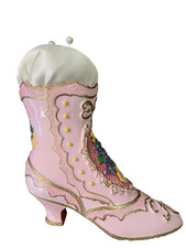 Victorian Pink Pincushion Shoe Sewing Collectible Novelty & Floral Hankie Dainty picture