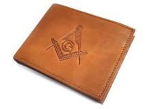 Masonic RFID Genuine Leather Bifold Wallet Square & Compass Logo Freemason Gift  picture