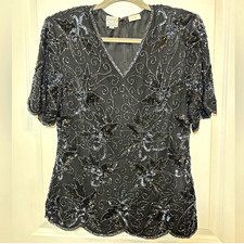 Vintage  Black 100% Silk Chiffon Beaded Sequin V-Neck Blouse  picture