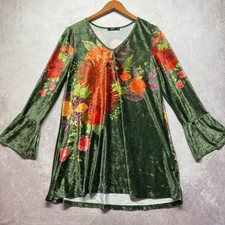 Lily Firmiana Green Velvet Floral Tunic Top Medium Bell Sleeve Fairy Boho picture