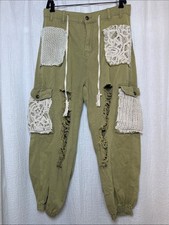 POL Clothing Distressed Crochet Patchwork Cargo Joggers - Olive Green picture