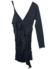 NBD Womens XS Black One Shoulder Ruched Ruffle Mini Dress Asymmetric Party picture