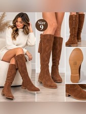 Women's Brown Knee-High Suede Boots with Tassel Zip picture