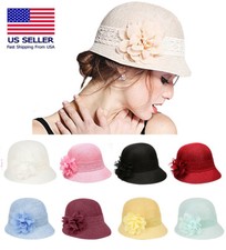  1920's Inspired Women's Gatsby Linen Cloche Hat With Lace Band and Flower picture