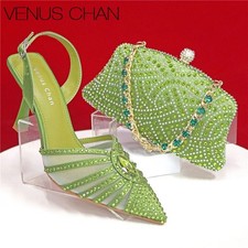 Women's Green Heels and Rhinestone Handbag Set picture
