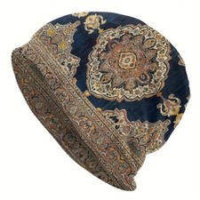 Floral Beanie Boho Knit Hat Casual Navy Blue Brown Elastic Skull Cap Women Men picture