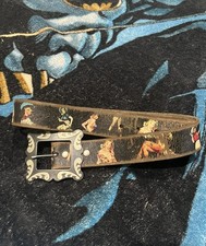 RARE Vintage Cowboy Decor Cow Girl Graphic Leather Western Belt W Antique Buckle picture