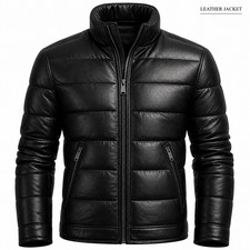 New Men’s Black Genuine Leather Puffer Jacket Warm Winter Quilted Outerwear 2026 picture
