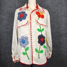 VTG 70s Polly Hayes 3D Flower Patchwork Shirt L Retro Ladybug Art Cottage OOAK picture
