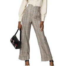 Unique Vintage Cream Tan Plaid Ultra High Rise Straight Leg Pants M picture