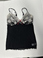 Intrigue Lingerie Cami Top Black White Lace Sheer Lettuce Hem Overlay Womens 34 picture