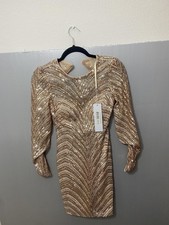 Jovani Dress Womens 2 Rose Gold Sequin Chevron Bodycon Long Sleeve Open Back picture