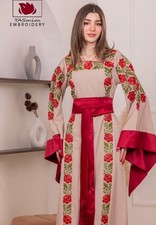 Luxury Palestinian Embroidered Thobe Dress Beige Kaftan Abaya Tatreez Belted picture