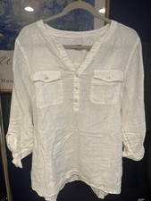 Talbots Women’s White Solid Linen Woven V-Neck 3/4 Sleeve Pullover Blouse L picture