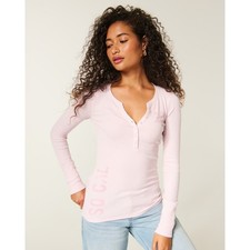 Hollister Women's Logo Graphic Henley, Light Pink picture