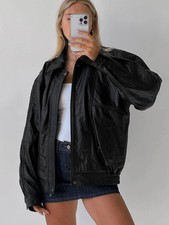 1980s Handmade Oversized Bomber Black Genuine Leather Jacket Women’s Apparel picture