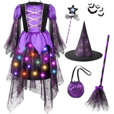 Fashion Witch Halloween Costume for Girls Kids Gift Light Up Dress Set Cosplay picture
