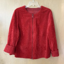 Vintage Womens Shearling Fur Leather Zip Jacket Large Red Collarless Teddy Coat picture